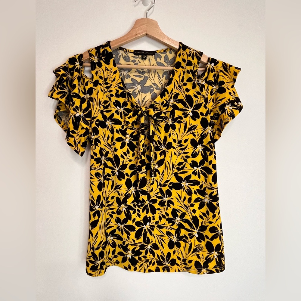 Adrienne Vittadini Yellow and Black Floral Blouse EUC size M